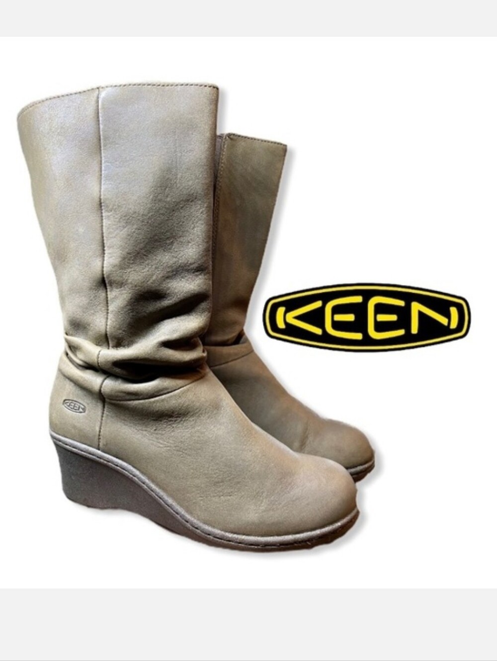 KEEN Akita Mid Wedge Slouchy Brown Leather Boots Size 8